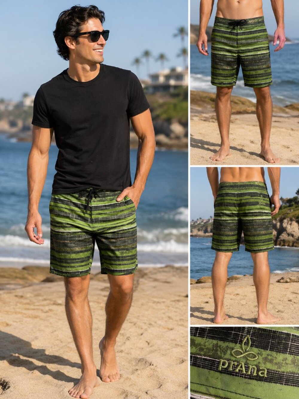 prAna Sediment Board Shorts Mens 32 Green Black Striped Swim Surf UPF 50